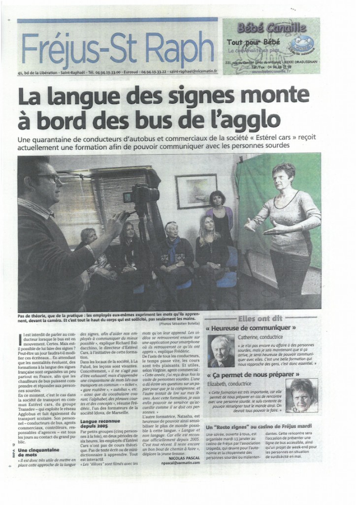 Page du Journal Fréjus St Raphael (janvier 2014) ayant pour titre La langue des signes monte à bord des bus de l'agglo