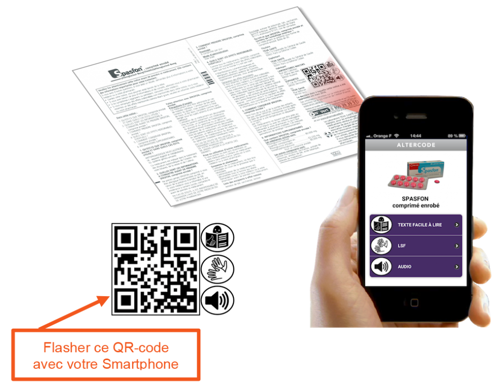 Maquette de la notice du médicament Spasfon accessible avec Altercode