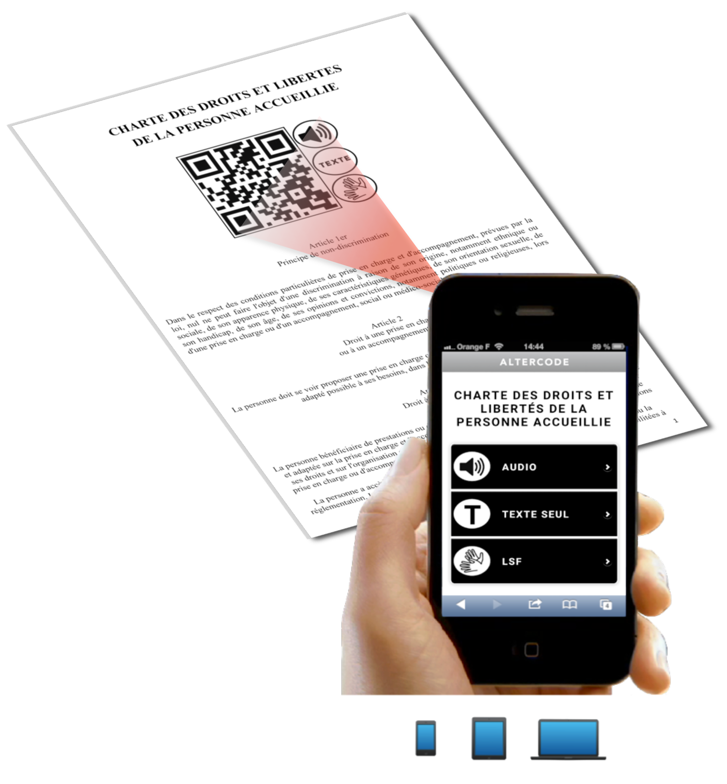 Image décrivant la solution Altercode : On flashe le Qr-code et on accède à des versions alternatives du document écrit.