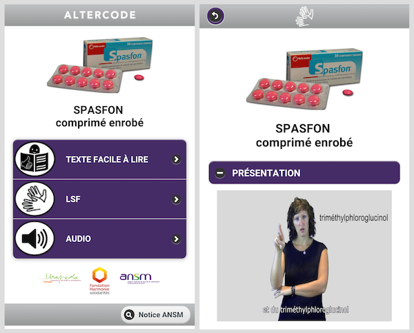impression écran de la page web Altercode web Altercode dédiée aux informations relatives à la notice du médicament Spasfon, comprimé enrobé.
