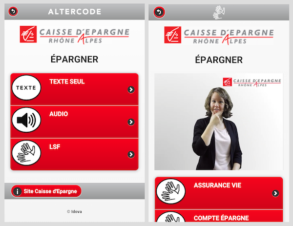 impression écran de la page web Altercode version LSF de l'Univers Épargner de la Caisse d'Epargne Rhône Alpes.
