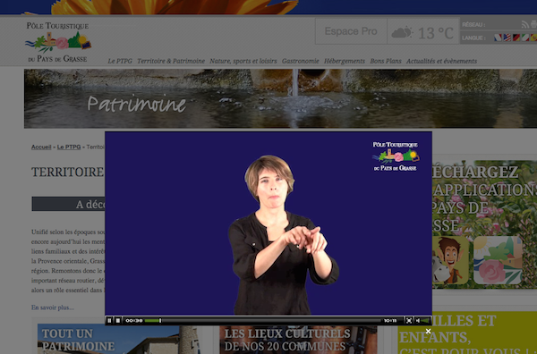 impression écran du site web du Pole Touristique du Pays de Grasse avec la version en LSF.